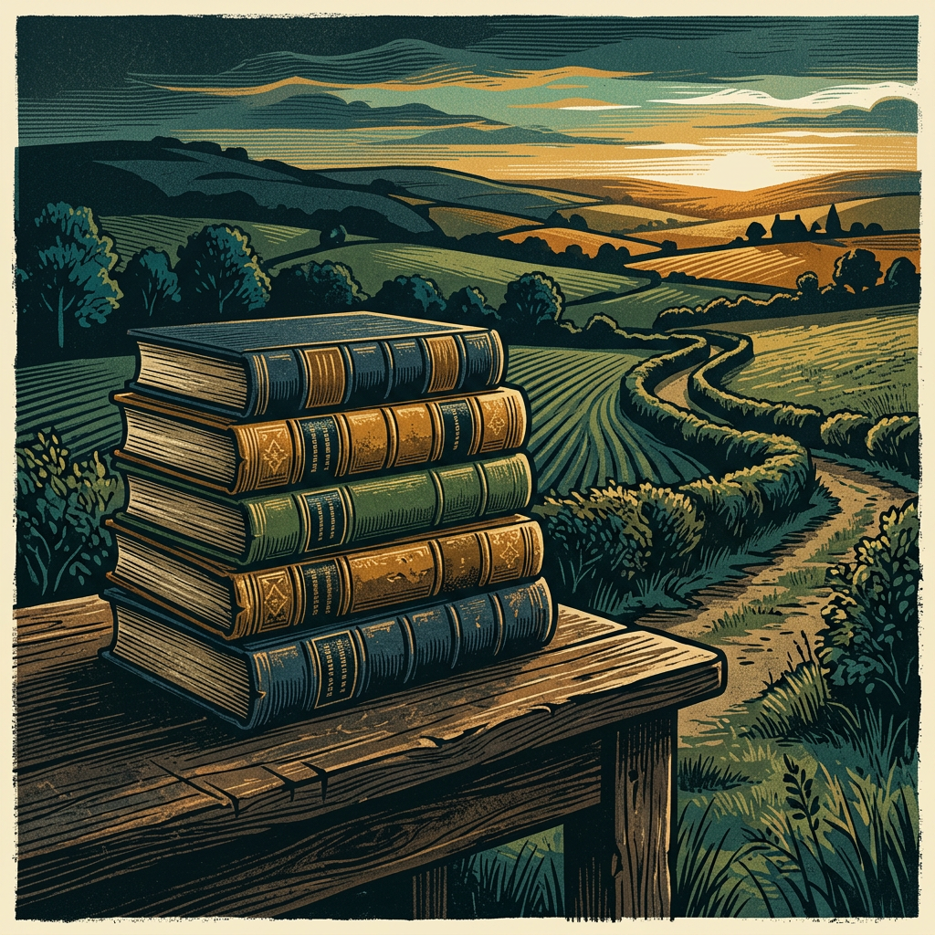 Illustration de livres de droit sur une table en bois, devant des terres agricoles au crépuscule