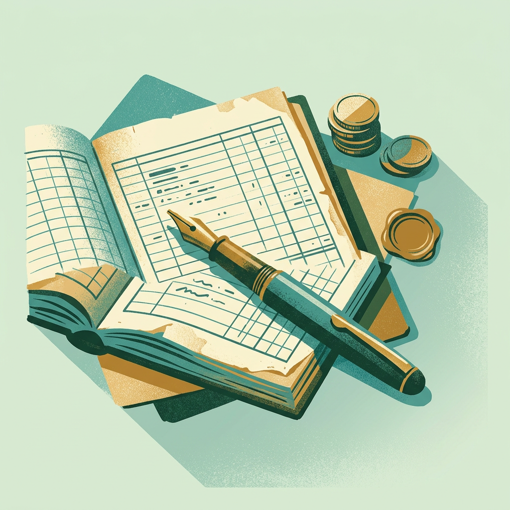 Illustration d’un stylo-plume sur un registre ouvert, près de pièces et d’un sceau de cire