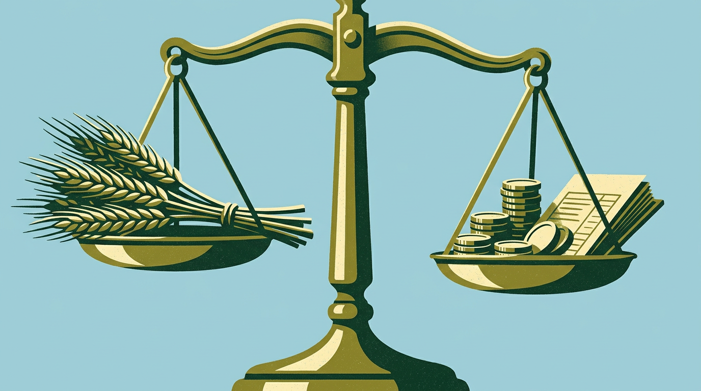 Illustration d’une balance en laiton pesant une gerbe de blé face à des pièces et un registre